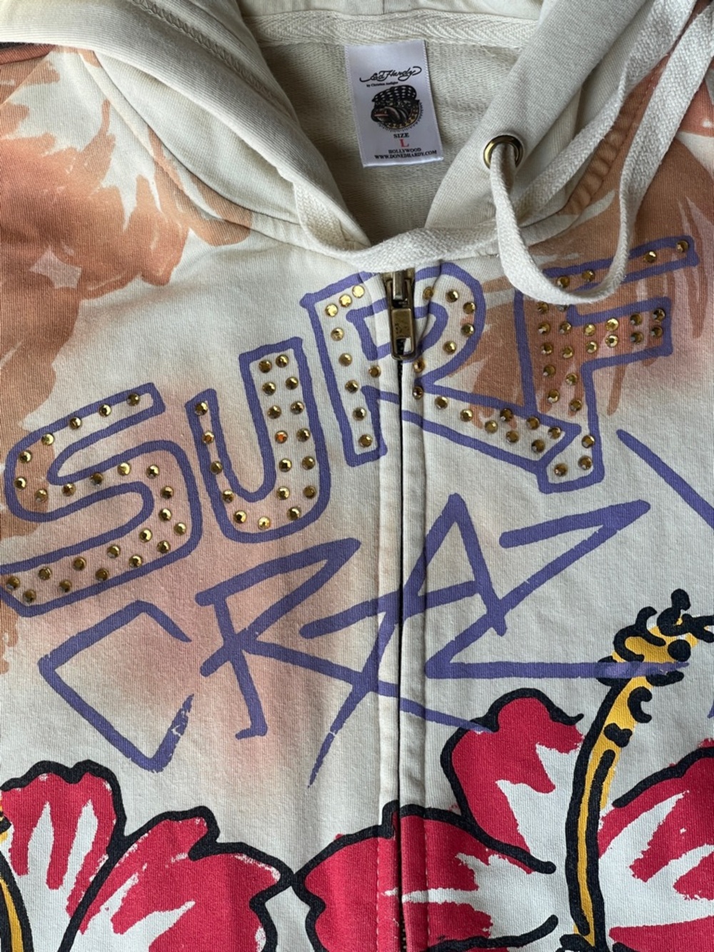 Ed Hardy Cream Hoodie with Purple and Gold Stud Accents - Picture 8 of 13